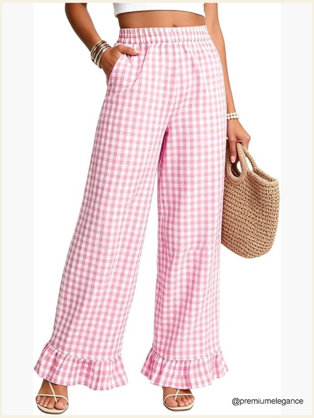 Cotton Gingham Wide Leg Lounge Pants with Pockets Ruffle Hem Y2K Elastic Waist